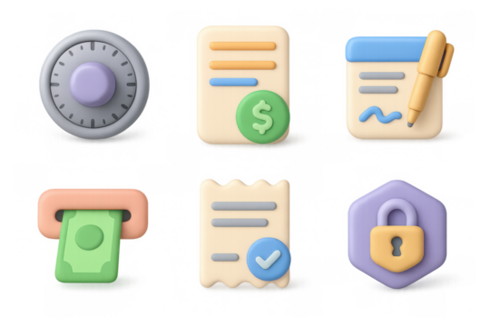 Finance icon set with vault, documents, currency, receipt, and security lock for financial design projects
