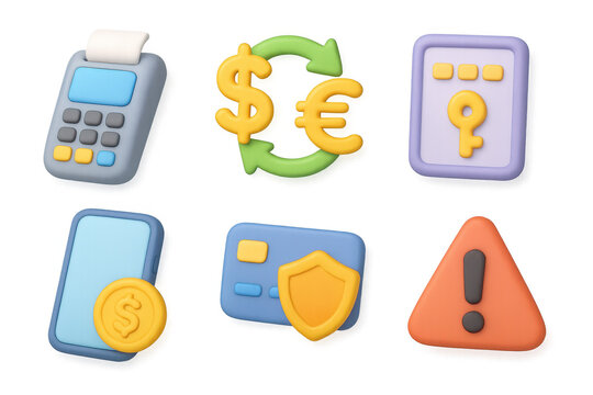 Simple finance icon set featuring payment, currency, security, and warning symbols for digital applications