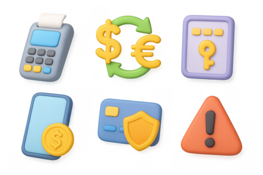Simple finance icon set featuring payment, currency, security, and warning symbols for digital applications