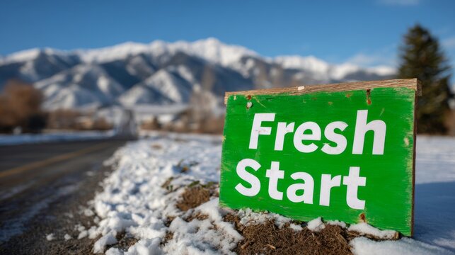 A vibrant green sign reading 'Fresh Start' stands in the foreground, with snow-covered mountains in the background.