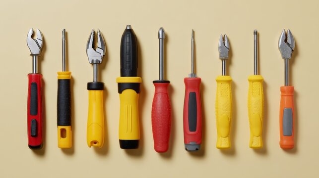 A collection of colorful hand tools including pliers, screwdrivers, and wrenches, arranged on a soft beige background.