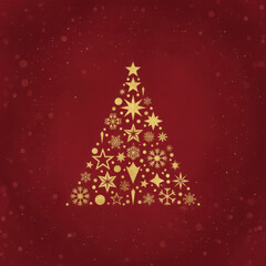 Abstract Christmas tree formed by golden snowflakes and stars on a rich red background with subtle texture. Ideal for elegant holiday designs, invitations, and festive promotions.