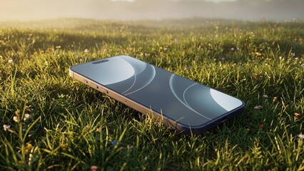 Modern smartphone device lying on lush green grass field amidst wildflowers with soft sunlight