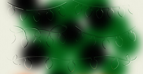 Deep Emerald Green and Black Abstract Blurred Background with Embossed White Holiday Light Strings, Traditional Festive Design for Christmas, Winter, and Nature Themes
