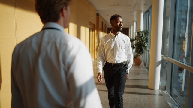 A confident Black man in a white shirt walks through a modern office corridor, with a colleague in the background. Professional atmosphere. - Powered by Adobe