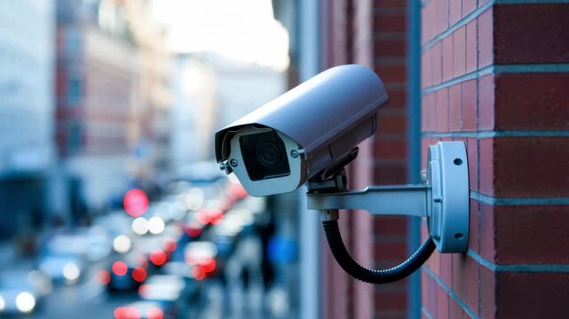 Outdoor security camera on brick wall time-lapse, street surveillance system, urban safety monitoring, modern technology crime prevention, CCTV protection, video surveillance equipment installation