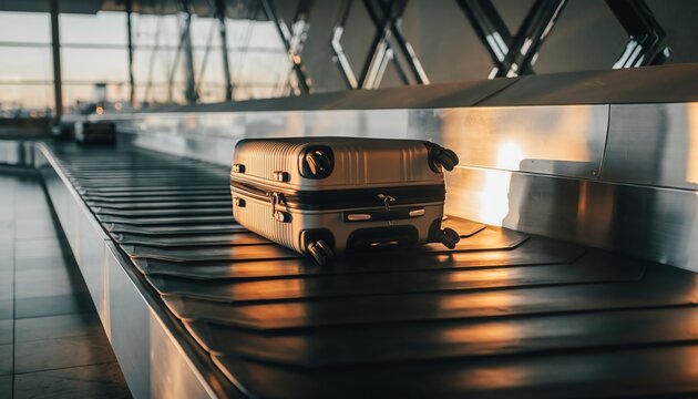 Golden sunlight suitcase airport carousel, modern travel atmosphere, anticipation and arrival feeling, sleek luggage awaiting its owner in stylish terminal.