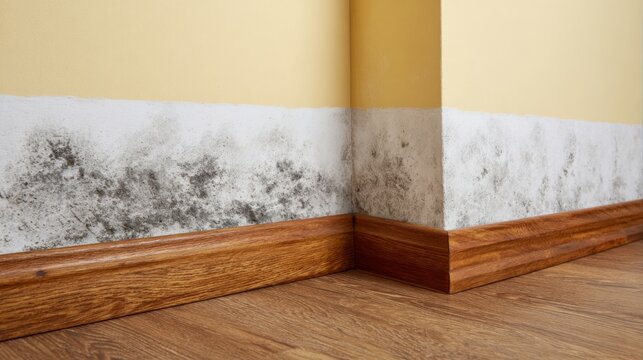 A close-up view of a room corner showing water damage and mold growth along the base of a yellow wall.