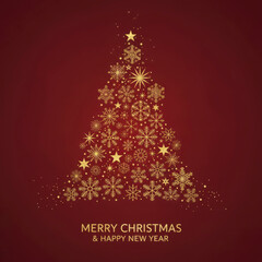 Abstract Christmas tree formed by golden snowflakes and stars on a rich red background with subtle texture. Ideal for elegant holiday designs, invitations, and festive promotions.