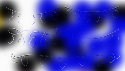 Striking Blue and Black Abstract Blurred Background with Embossed Silver Holiday Light Garlands and Elegant Script Elements, Ideal for Winter, New Year, and Cyber Events