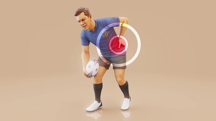 Conceptual 3D animation of a rugby player with back pain