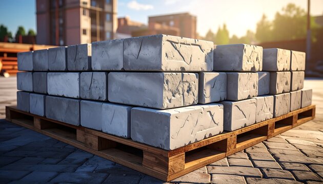 Concrete Blocks on Pallet at Construction Site.