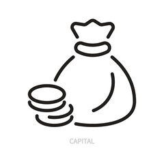 Capital line icon, sign. Money bag with coins. Finance, resources, wealth, money, economy, business, savings, success concept. Isolated on a white background. Editable stroke. Vector illustration.