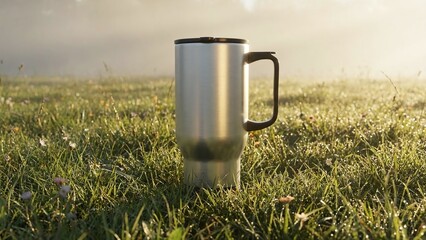 Stainless Steel Travel Mug Standing in Green Grass with Morning Dew Drops at Sunrise