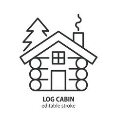 Log cabin line icon. Vector wooden house with tree symbol. Editable stroke.
