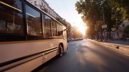 Fototapeta premium A city bus in motion during sunset, with warm golden light illuminating the street.