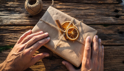 Overhead View of Hands Holding Eco Friendly Gift with Dried Orange and Cinnamon