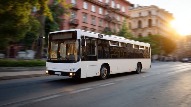 A white city bus in motion on a bustling street, illuminated by the warm glow of sunset. - Powered by Adobe