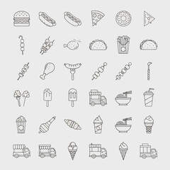 Assorted food and drink items including burgers, hot dogs, pizza, tacos, fries, ice cream, and trucks isolated on