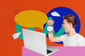 Composite sketch image design trend artwork collage of young man shocked hold clock laptop speech...