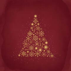 Abstract Christmas tree formed by golden snowflakes and stars on a rich red background with subtle texture. Ideal for elegant holiday designs, invitations, and festive promotions.