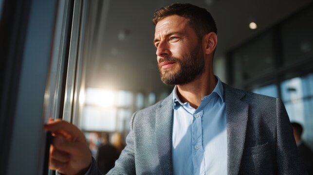 Confident Middle-Eastern man gazing thoughtfully out a window in a modern office setting.