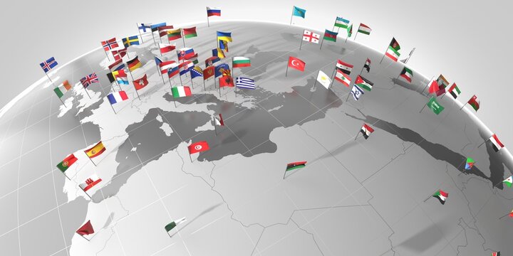 Mediterranean sea countries' borders and flags - 3D illustration