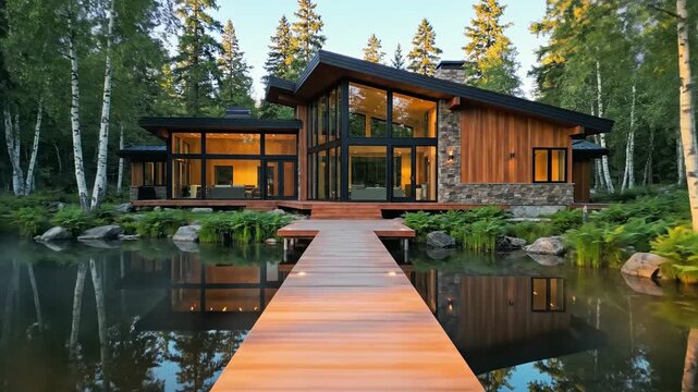 Modern wooden structure with glass facade overlooking tranquil water and forest scenery