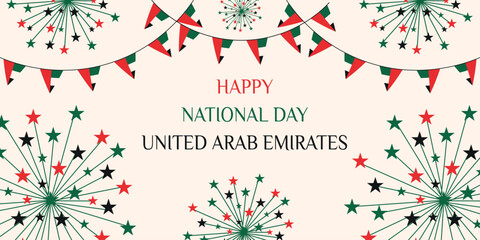 UAE. Vector horizontal banner with UAE flag holiday ribbon firework and text. Happy national day of United Arab Emirates. EPS 10