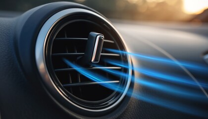 Fresh air flows through vent, modern dashboard design, clean cooling breeze, comfortable vehicle interior, efficient air conditioning, automotive comfort, daily driving.