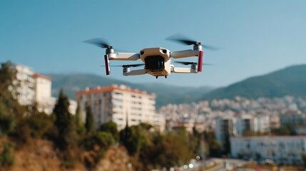 A close-up view of a drone flying over an urban landscape, showcasing its sleek design against a clear blue sky.