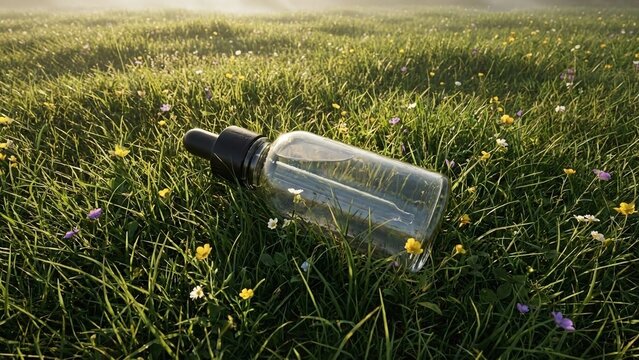 Clear glass dropper bottle with natural liquid on vibrant green grass and wildflowers, symbolizing organic beauty and holistic wellness. - Powered by Adobe
