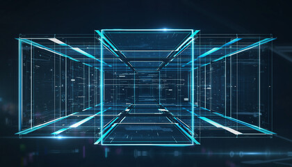 Digital Cube: Illuminated with bright, cool blue lines, this digitally rendered cube embodies the future of technology and information.