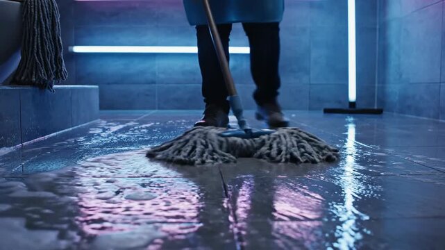 Cleaning In Progress: A Modern Bathroom Floor Being Washed With Water and mop