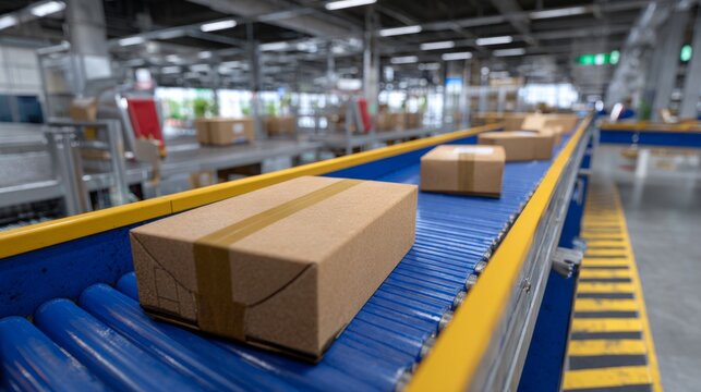 Cardboard boxes on a conveyor belt in a modern warehouse, showcasing efficient logistics and distribution. - Powered by Adobe