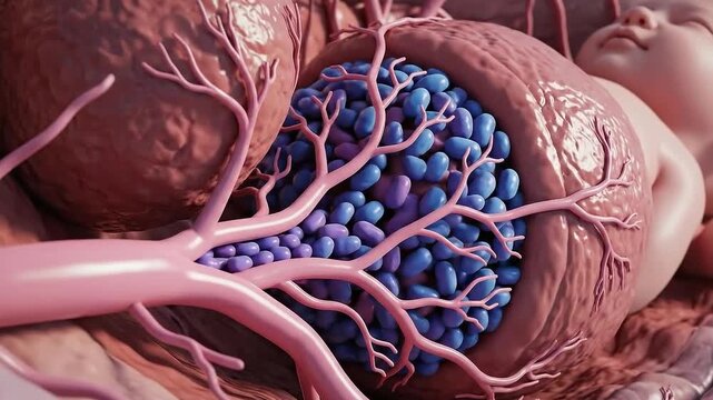 Detailed 3D Visualization Of Human Placenta With Umbilical Cord Supplying Nutrients To Fetus During Pregnancy Showing Detailed Vascular Network And Blue Fetal