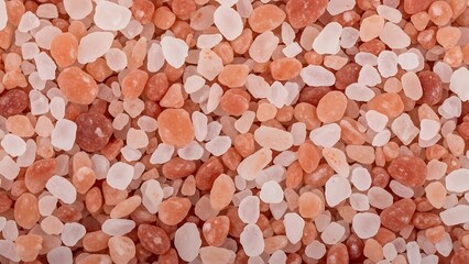 Close up full frame shot of Himalayan pink salt crystals showing various sizes and shades of pink and white
