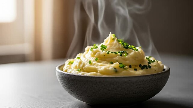 Steaming mashed potatoes being garnished with fresh chives.