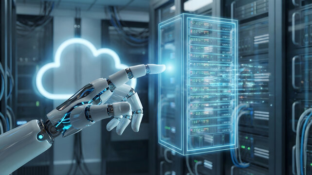 A robotic hand touches a glowing, holographic server rack next to a cloud icon in a data center, symbolizing automated cloud computing, data storage, and network management.