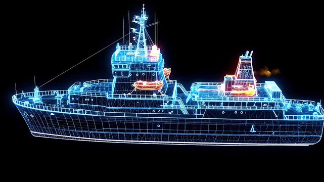 Wireframe Ship Blueprint 3D Model Animation Blue Futuristic Digital Display