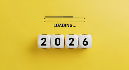 Happy new year 2026 coming soon. Loading progress bar, 2025 changing to to 2026 calendar year numbers on white flipping dice, isolated on yellow background, minimalist trendy style concept banner.
