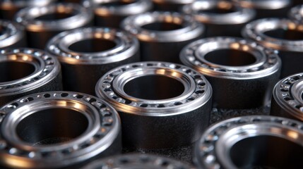 Close-up view of precision-engineered metal bearings, highlighting their smooth surfaces and intricate designs.