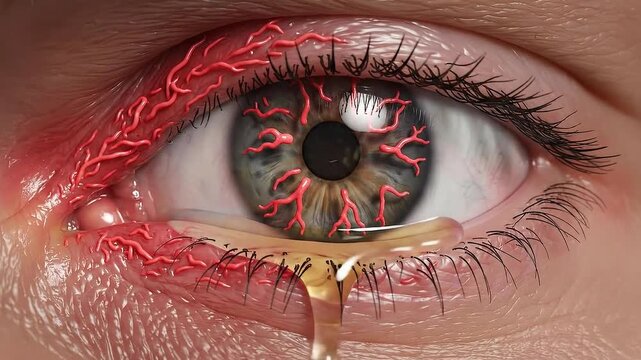 Extreme Close Up Of A Severely Irritated Red Bloodshot Eye With Yellow Discharge And Swollen Eyelids Indicating Infection Or Inflammation