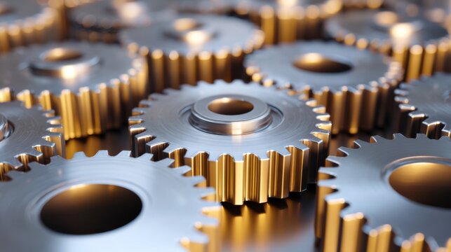 Close-up of interlocking metallic gears showcasing a shiny, industrial design perfect for themes of machinery and engineering.