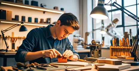 Young male artisan craftsman meticulously working on a leather piece with hand tools at a workbench in a professional workshop studio