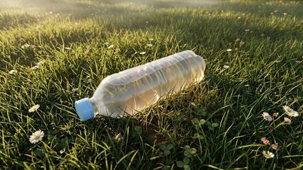 Plastic water bottle discarded in vibrant green grass with sunlight, symbolizing environmental pollution and waste
