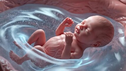 Human Fetus Developing in Uterus Detailed Anatomical Visualization with Bioluminescent Amniotic Fluid and Soft Pink Tissues
