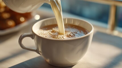 A cup of freshly brewed coffee with milk being poured, showcasing a warm and inviting breakfast scene.