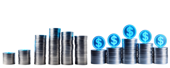 Silver Coin Stacks with Blue Neon Dollar Symbols, Front-Facing Finance Concept, Transparent Background png