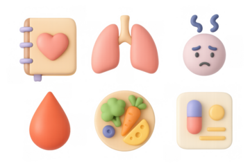Cartoon wellness icons set with heart, lungs, emotions, and healthy foods for health and fitness design